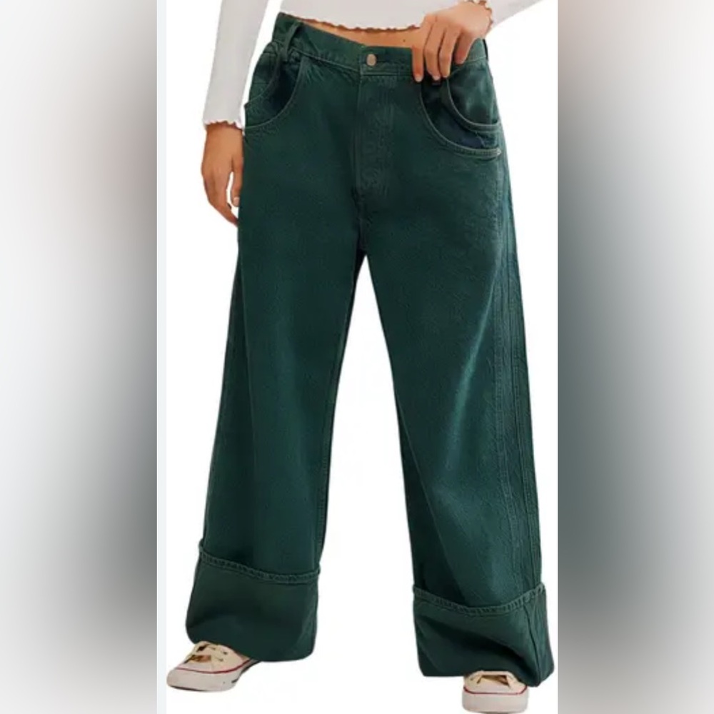 Free People Dark Green Wide-Leg Jeans